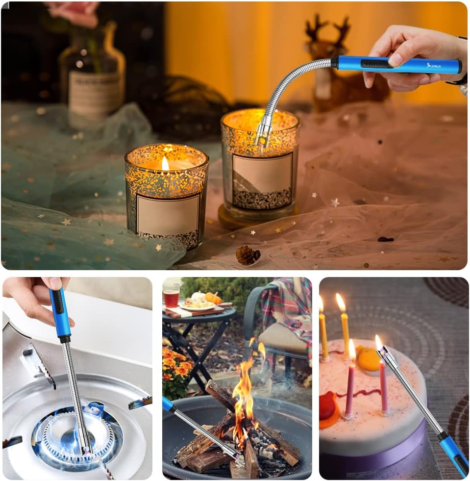 SUPRUS Fluorescent Lighter Glows in The Dark 360°Flexible Neck USB Rechargeable Windproof Triple Safety for Candle Cooking BBQ in Party (Blue)