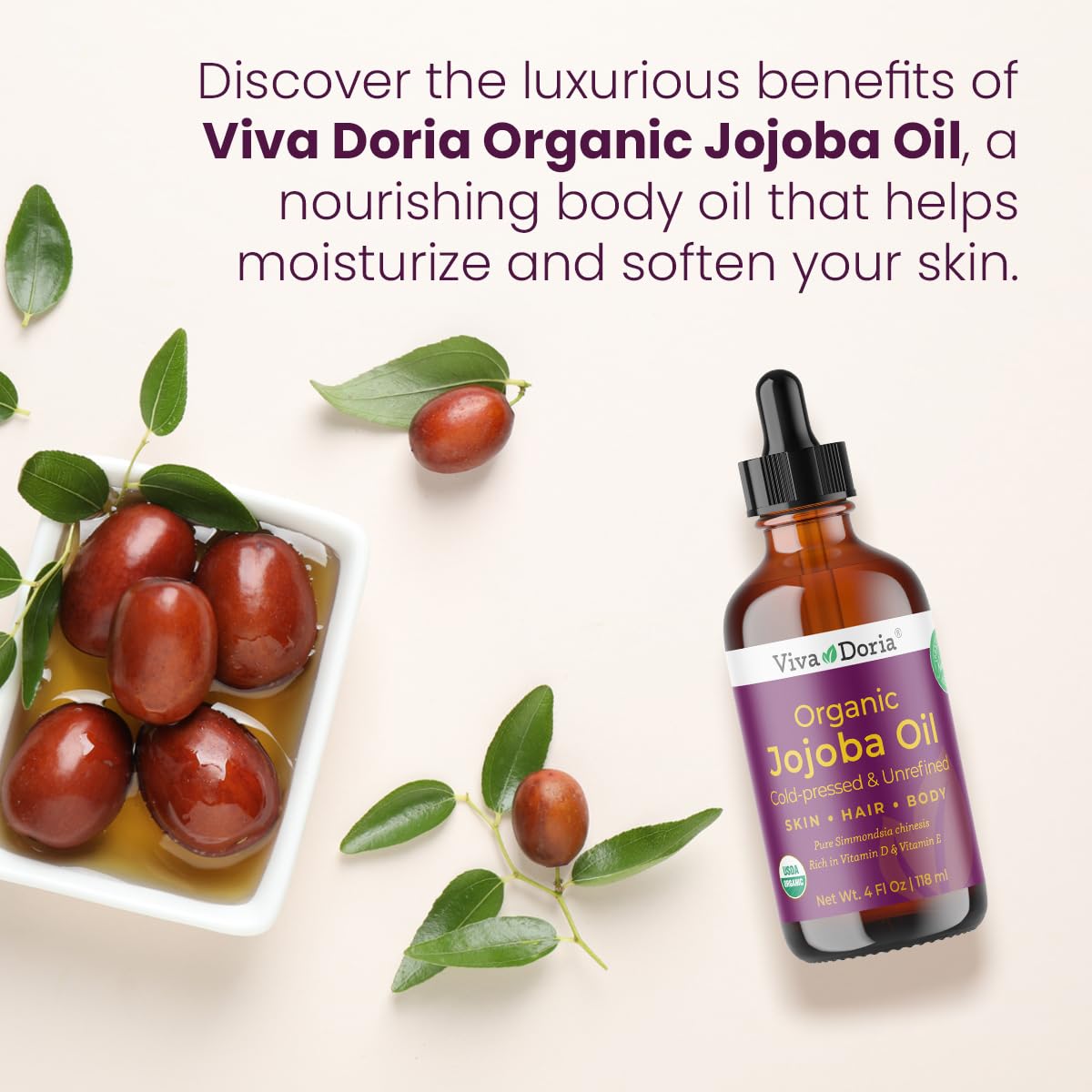 Viva Doria Jojoba Oil, USDA Certified Organic, 4 fl oz, Natural Jojoba Oil for Hair, Skin & Face, Cold Pressed Unrefined