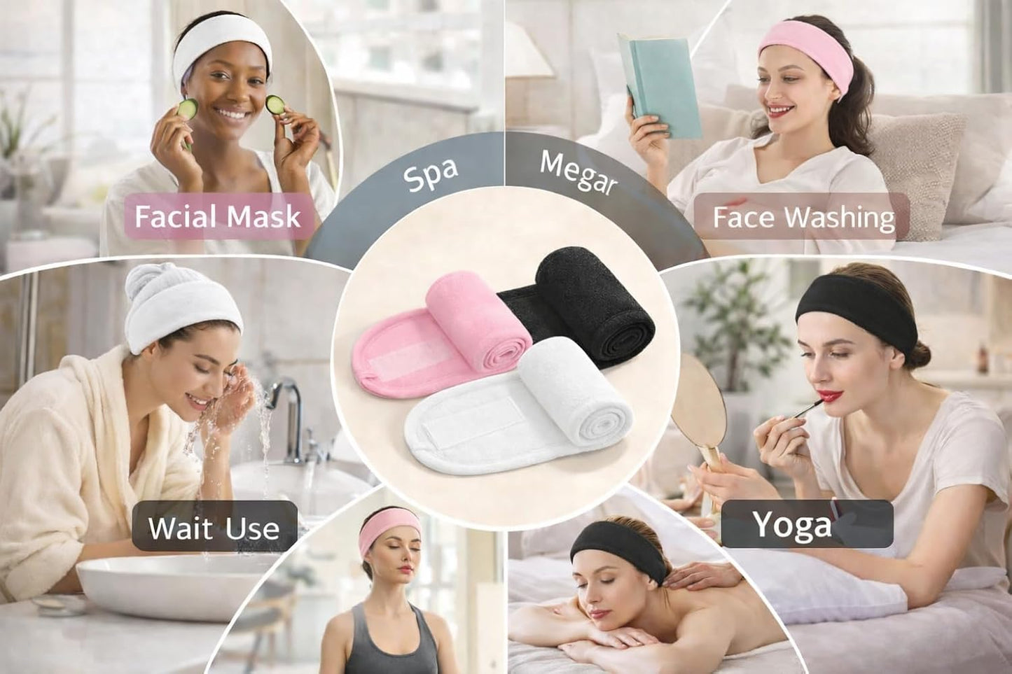 3Pcs Facial Spa Headband Set for Women – Adjustable, Non-Slip Terry Cloth Headband for Face Washing, Make-up Application and Showering – Soft and Stretchable Hair Wrap