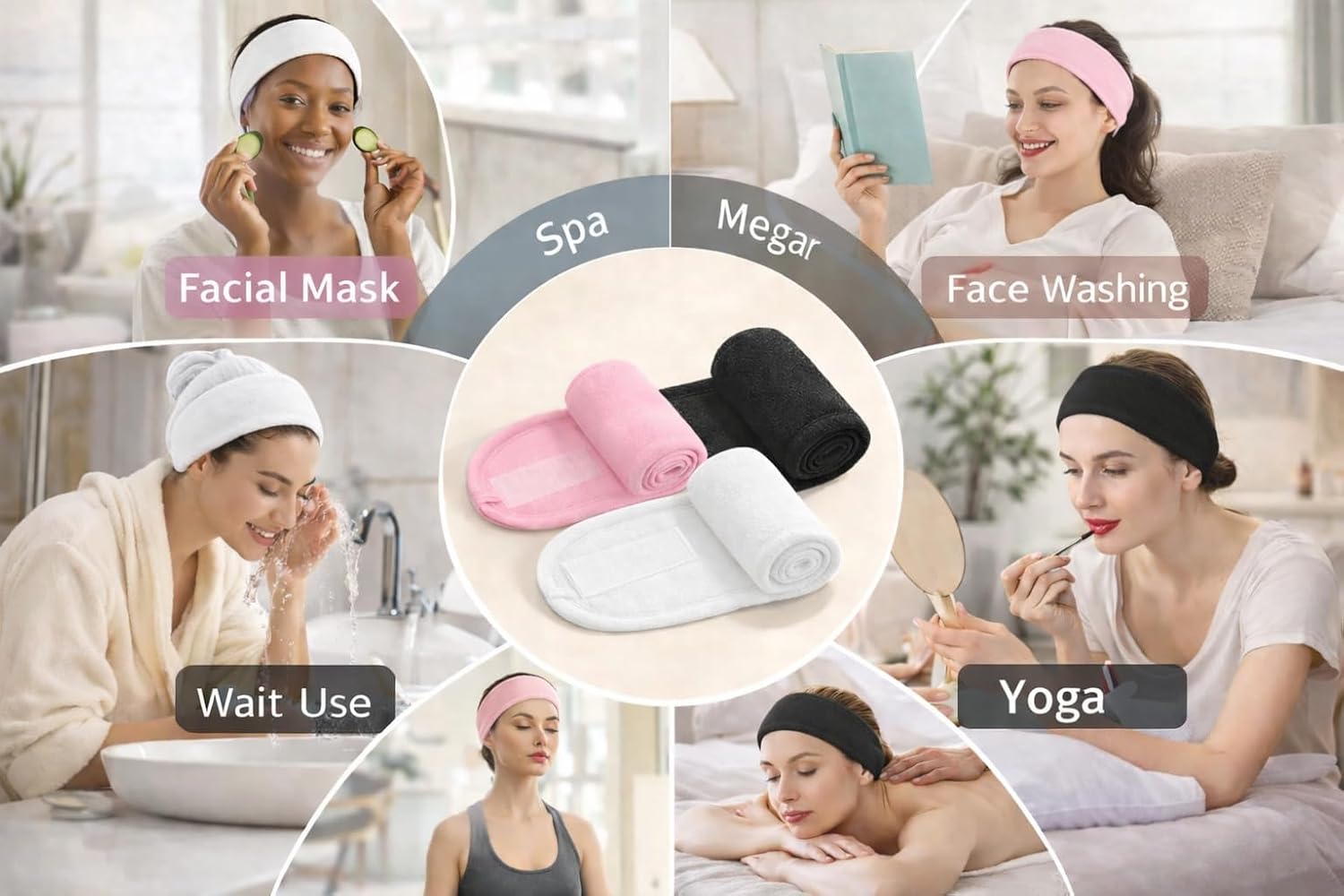 3Pcs Facial Spa Headband Set for Women – Adjustable, Non-Slip Terry Cloth Headband for Face Washing, Make-up Application and Showering – Soft and Stretchable Hair Wrap