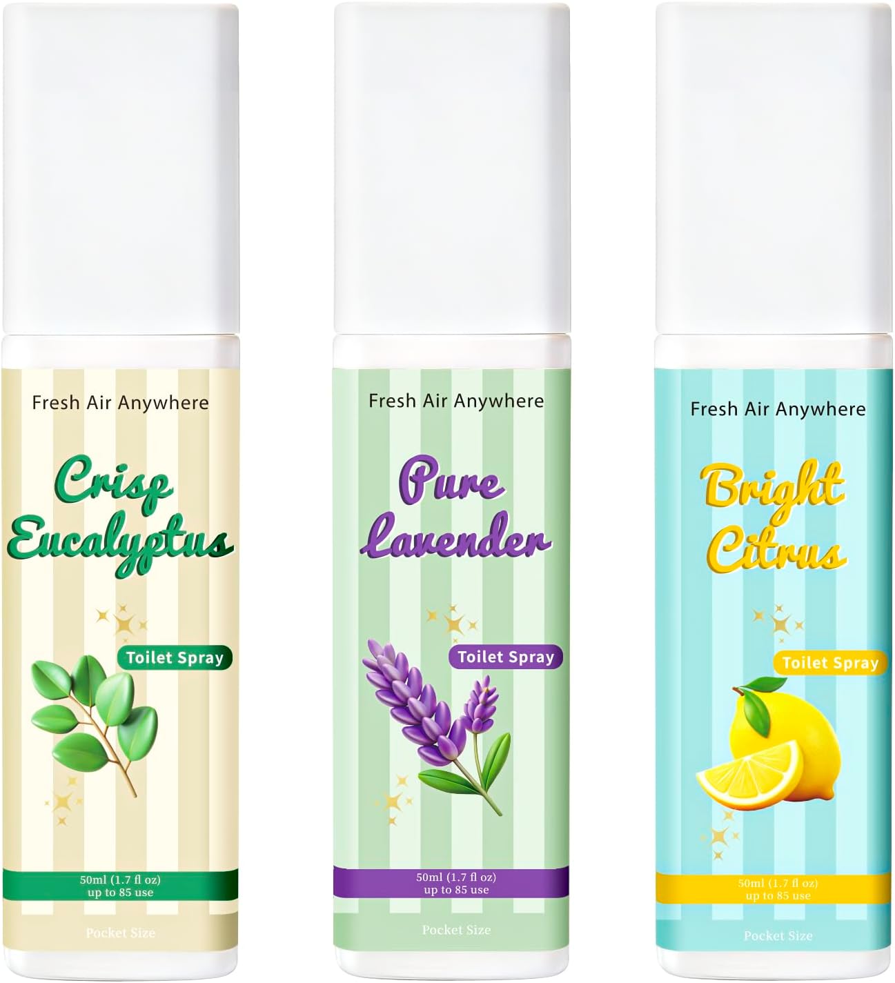 Toilet Spray, Citrus, Eucalyptus & Lavender, 3 Pack 1.7 fl oz each, Bathroom Odor Eliminator, Travel Size, Essential Oil Freshener, Up to 255 Sprays