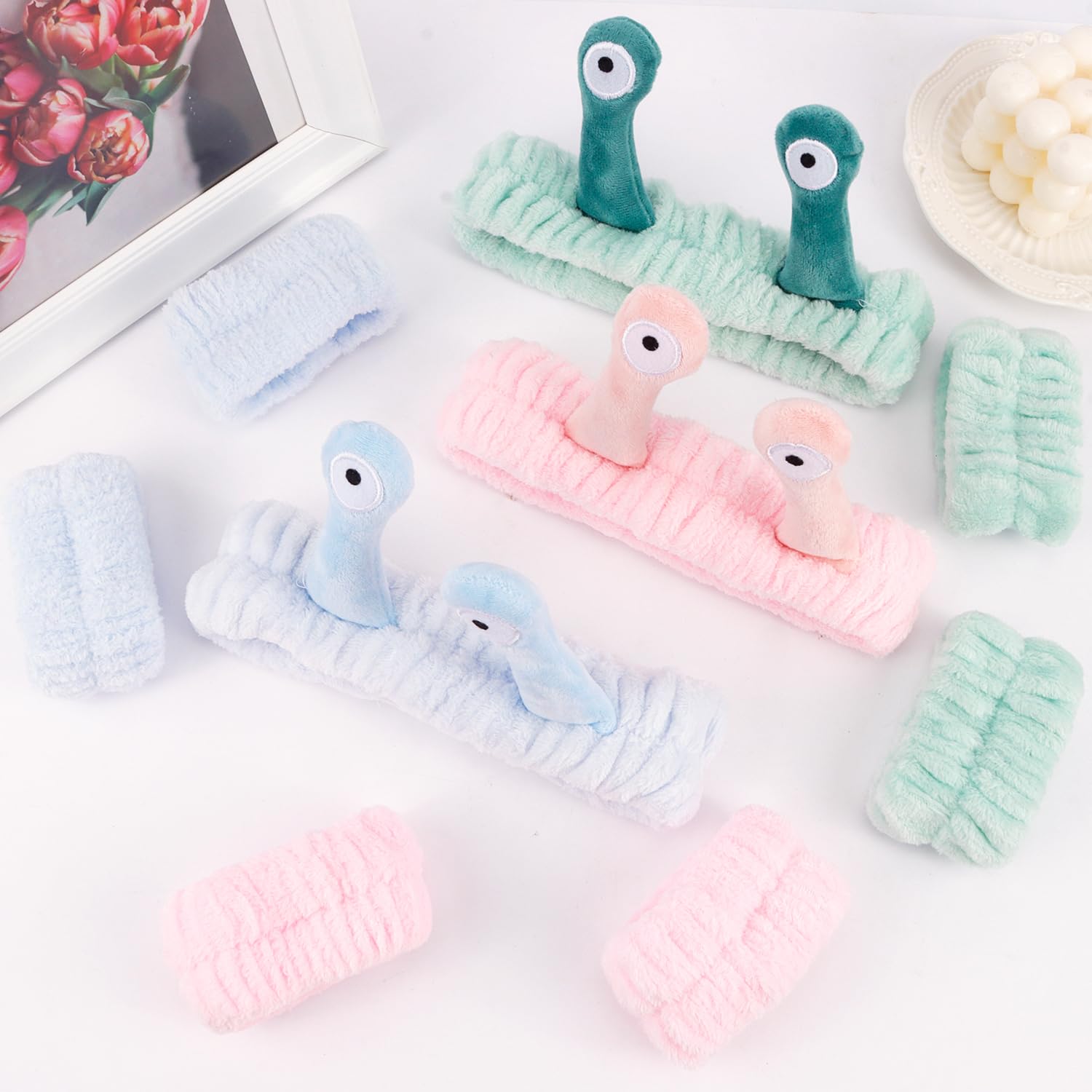 Atoden Snail Spa Headband and Wristband Set, Skincare Makeup Headband for Washing Face Cute Animal Spa Hair Bands for Women Girls Stocking Stuffers (Pink Blue Green)