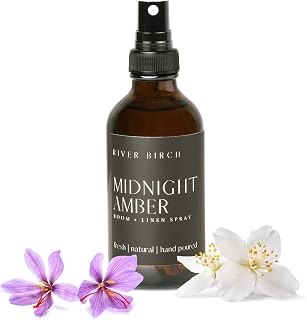 River Birch Luxury Linen and Room Spray - Midnight Amber Home Signature Scent - Room Fragrance Spray - Fragrant Fresh Linen Air Freshener For Bedding - Handmade in Texas - 4 oz Glass Amber Bottle