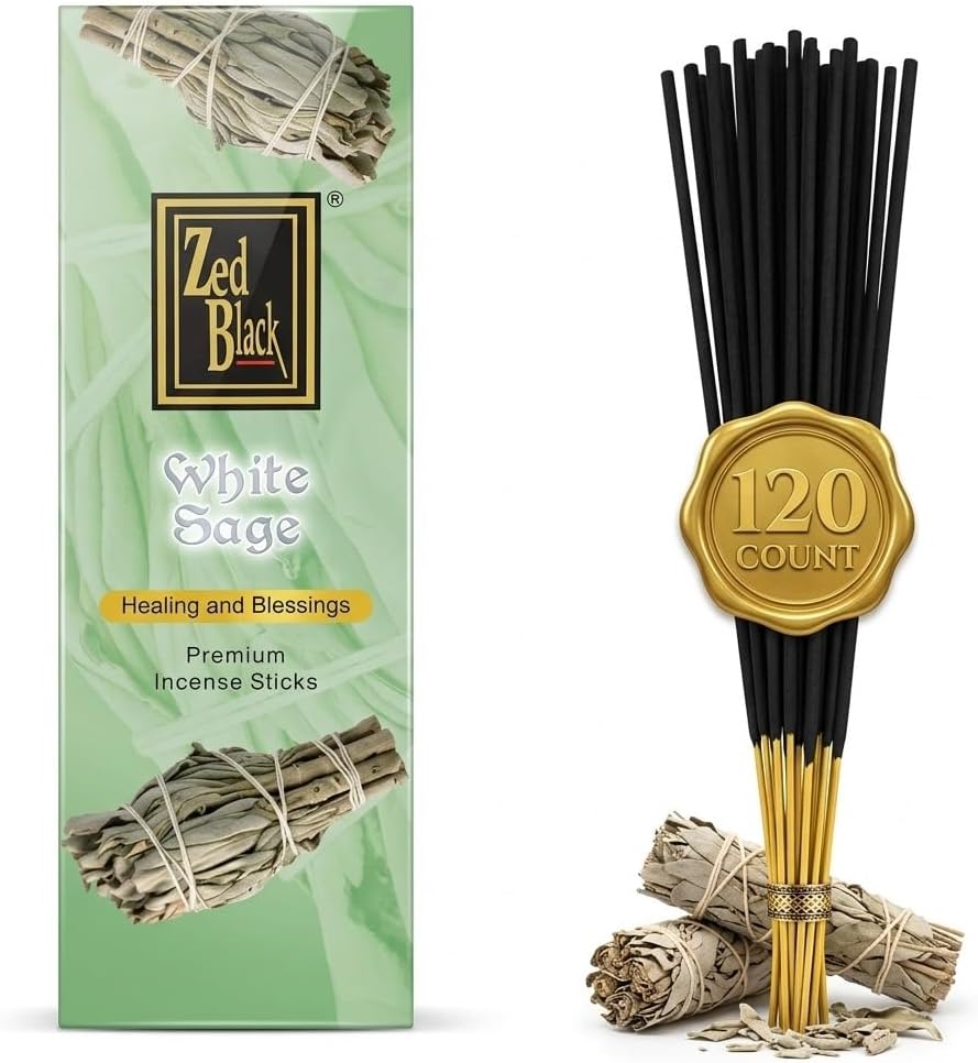 White Sage Incense Sticks - 120 Count | Natural Air Purifying Aromatherapy | Calming and Cleansing Fragrance | Perfect for Meditation, Relaxation, Prayer & Spiritual Rituals I Zed Black