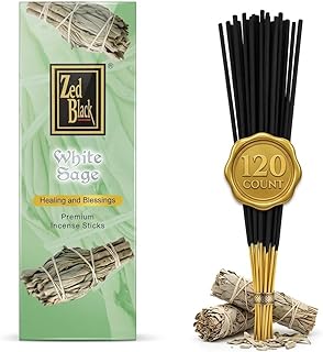 White Sage Incense Sticks - 120 Count | Natural Air Purifying Aromatherapy | Calming and Cleansing Fragrance | Perfect for Meditation, Relaxation, Prayer & Spiritual Rituals I Zed Black
