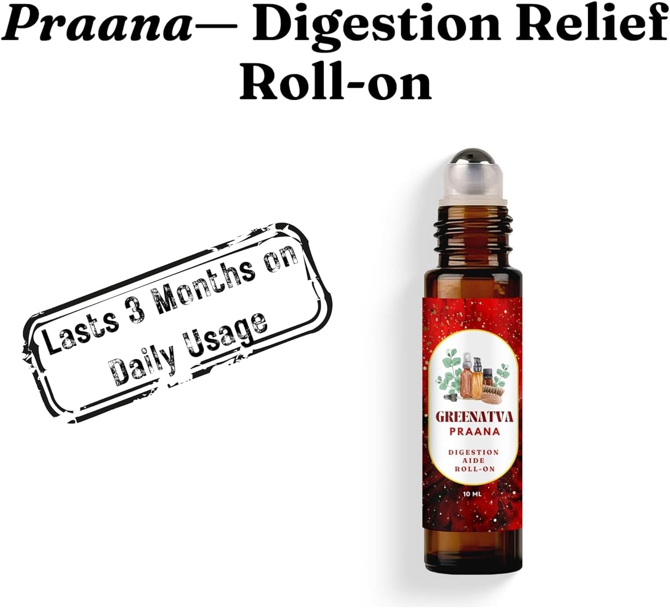 Praana Digestive Support Essential Oil Roll On for Gut Health, Bloating, Gas, Tummy Ache & Constipation Relief - Asafoetida, Fennel, Ginger, Castor Oil, Peppermint -10ml/0.33 fl oz