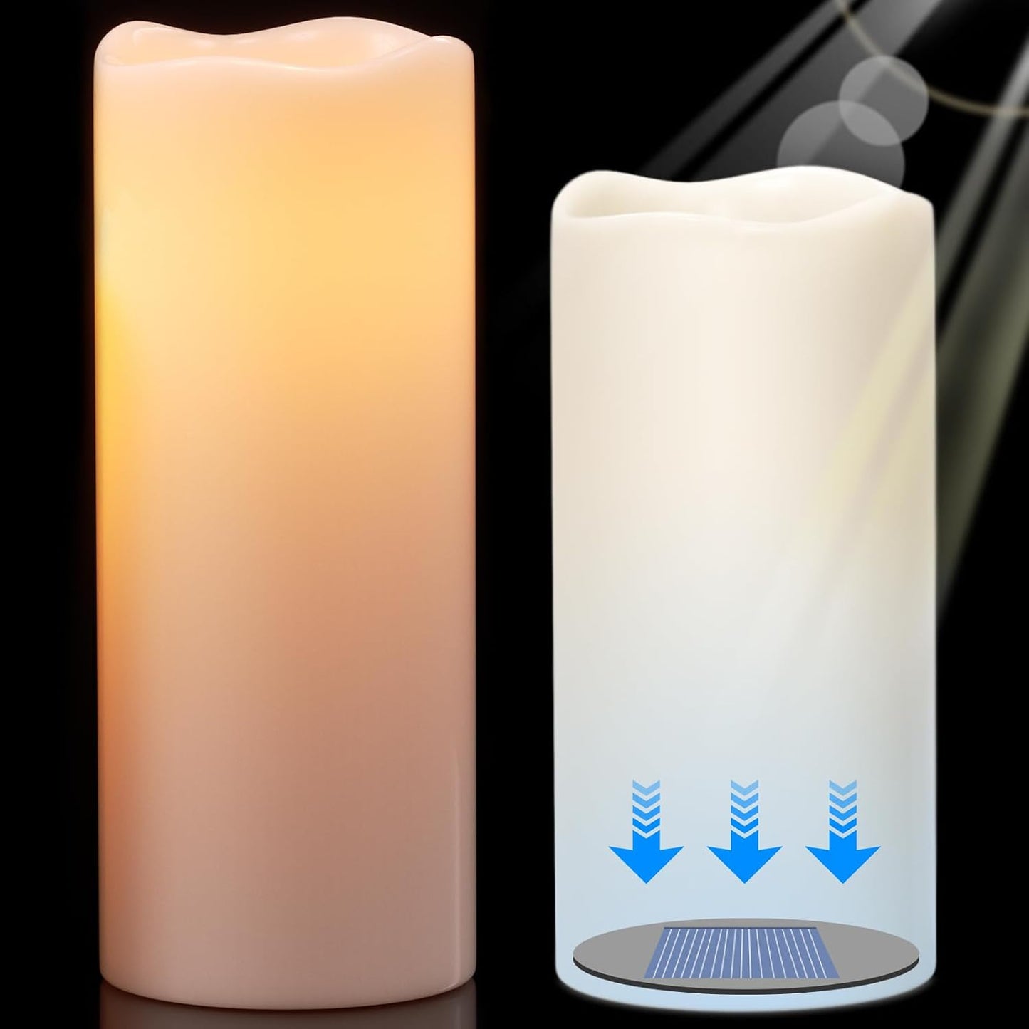 Large Solar Flameless Candles Outdoor Waterproof Dusk to Dawn Solar Rechargeable Battery LED Flickering Pillar Candles for Patio Porch Garden Lantern Decor(2 Pack, 4" D x 8", 10" H)