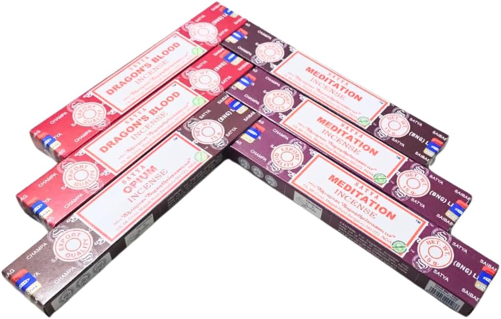 Satya with ANKCIENSE Incense Holder Pack of 3 fragrances Variety Pack of 90 Sticks. Meditation, Dragon Blood & Opium Insense Insence