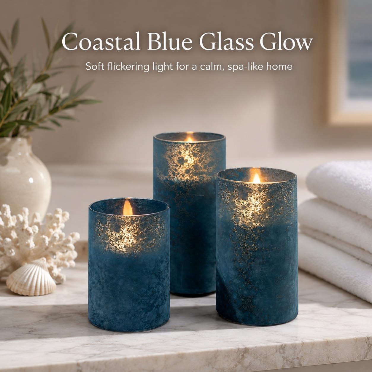 Blue Flameless Candles Set of 3, Sandblasted Glass LED Pillar Candles with Remote, Battery Operated Flickering Candles for Coastal Home Decor, Party Bathroom Holiday Birthday Wedding Decoration