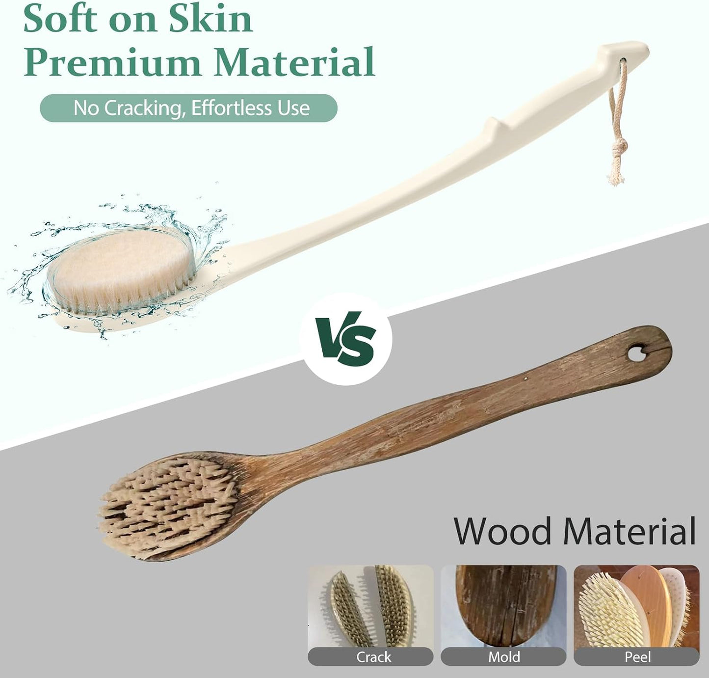 Back Scrubber for Shower, 17-Inch Shower Brush for Men and Women, Long Handle Exfoliating Body Brush, Medium Bristle Stiffness for Dry or Wet Brushing (Cream White)