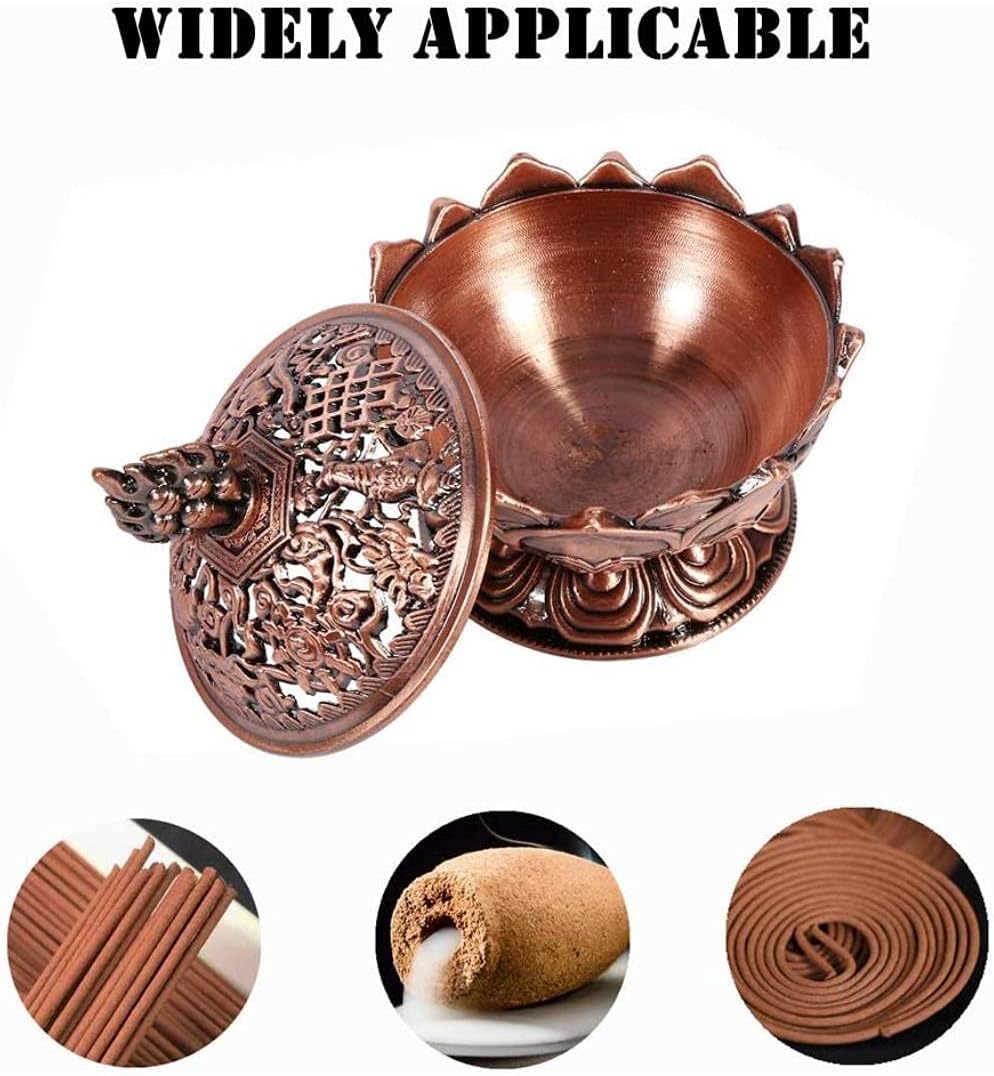 Incense Burner, Bronze Antique Chinese Asian Style Lotus Flower Incense Burner Pot Backflow Smoke Incense Burner Stick Cone Holder Zen Buddha Buddhist Meditation Decor Gift Set(Red Bronze)