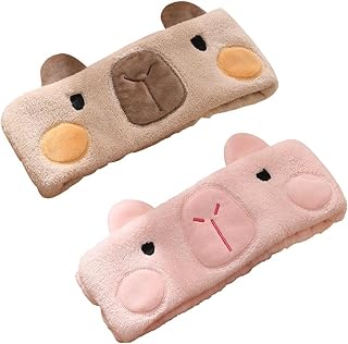 PERFECTSIGHT Kawaii Headband for Spa, Makeup, Washing Face, Party - 2 Pack Cute Hair Band for Shower Beauty Skincare, Soft Facial Headbands for Girls and Women (Brown+Pink Capybara)