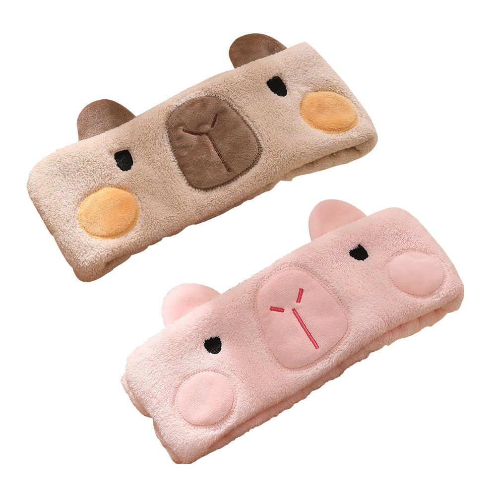 PERFECTSIGHT Kawaii Headband for Spa, Makeup, Washing Face, Party - 2 Pack Cute Hair Band for Shower Beauty Skincare, Soft Facial Headbands for Girls and Women (Brown+Pink Capybara)