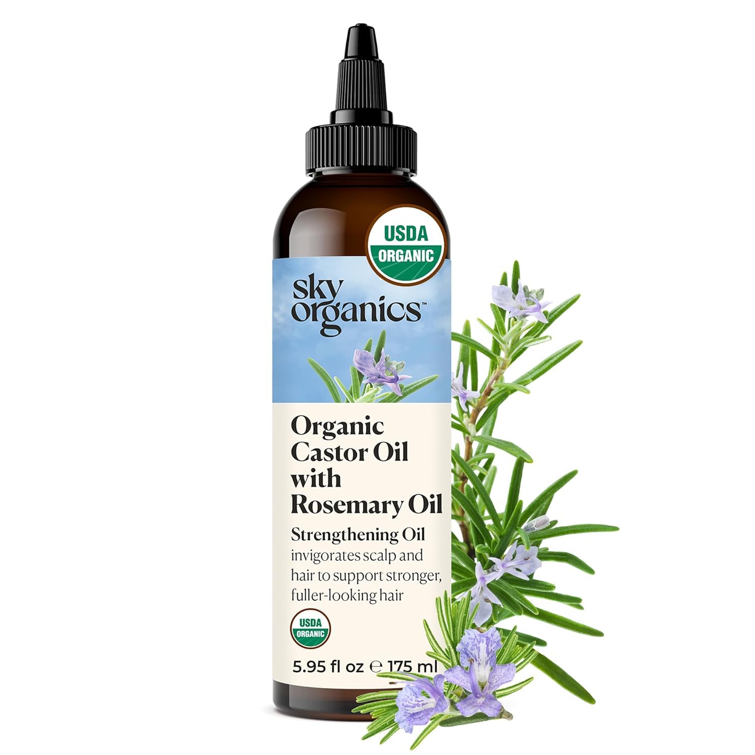 Sky Organics USDA Organic Castor Oil with Rosemary Oil, Strengthening Oil, Pure Potent Blend, Hexane Free, Invigorates Scalp, Supports Stronger, Fuller-Looking Hair, DIY ebook included