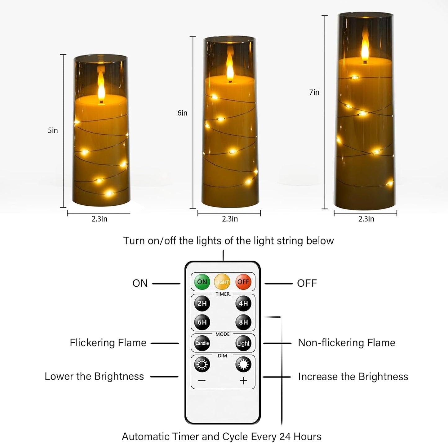 Nimiko Flickering Flameless LED Candles, 9 Pcs with Embedded Star String, Acrylic LED Pillar Candles with Remote, Suitable for Home Decoration (Grey)