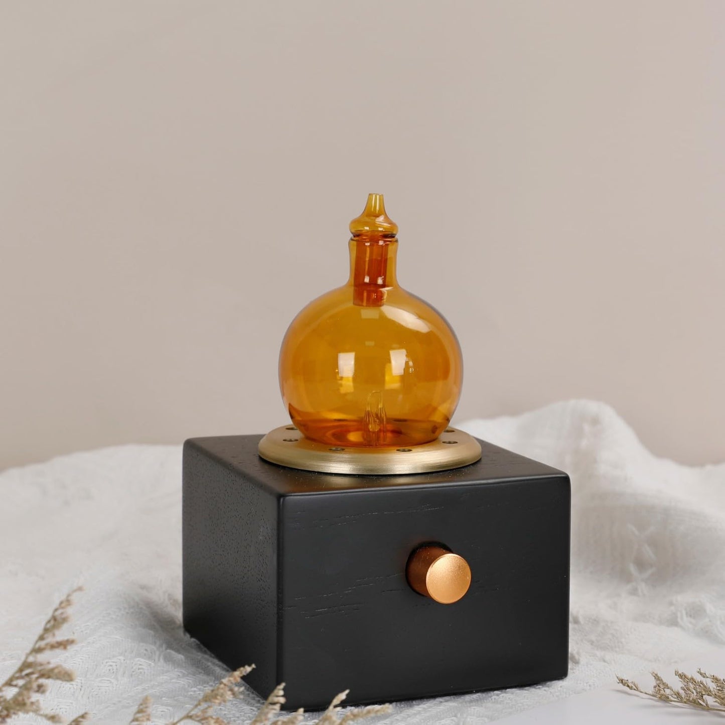 Cordless Aroma Oil Nebulizer - Waterless Diffuser for Essential Oil with Glass & Wood, Rechargeable Portable Nebulizing Machine, Battery Operated up to 40h - Gold & Fire Original Design