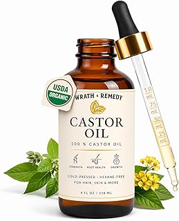 Castor Oil Organic Hexane Free — USDA Certified, 100% Pure Cold Pressed Organic Castor Oil for Hair Growth & Strength, Fuller Lashes & Eyebrows, Hydrated & Rejuvenated Skin (Finest Glass Bottle, 4OZ)