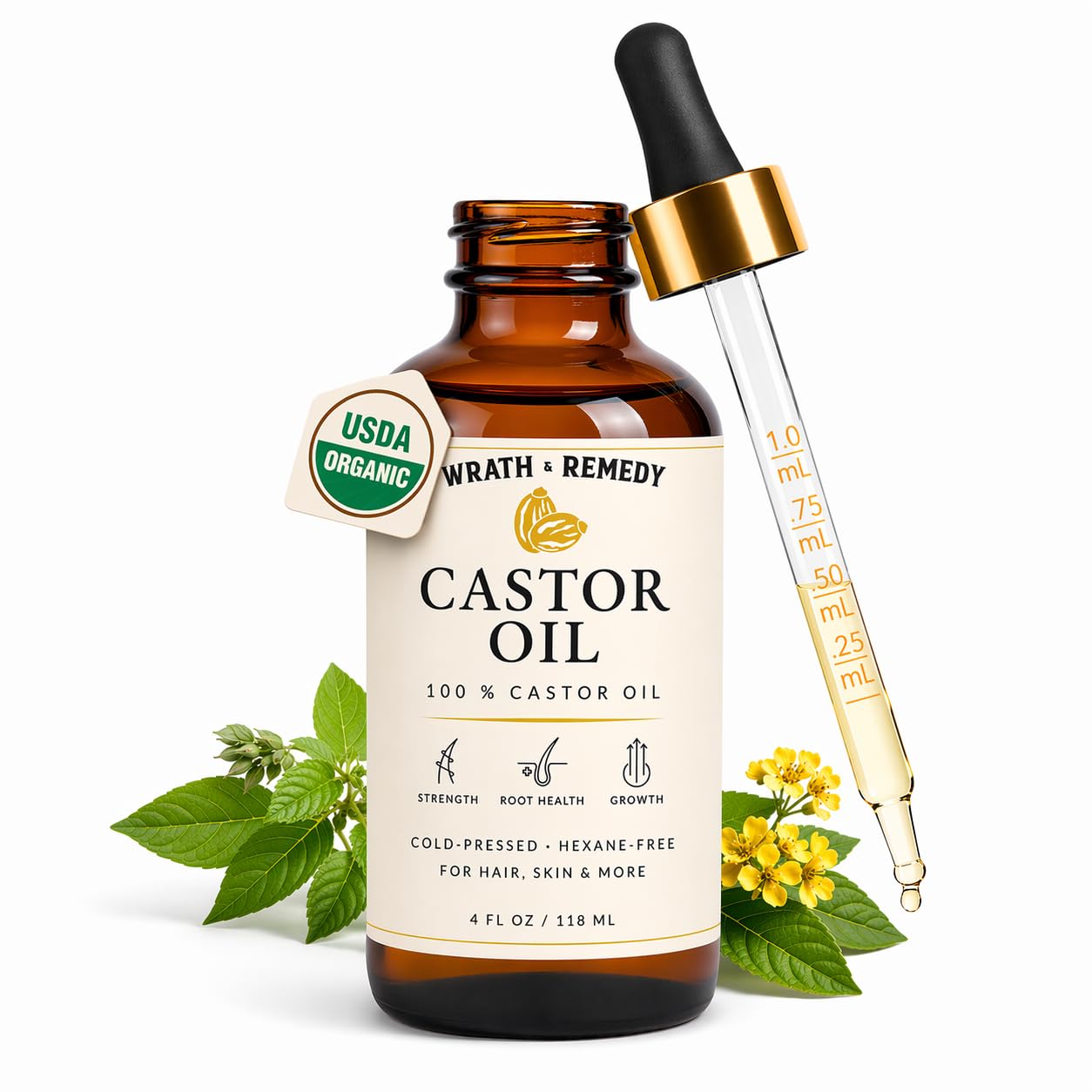 Castor Oil Organic Hexane Free — USDA Certified, 100% Pure Cold Pressed Organic Castor Oil for Hair Growth & Strength, Fuller Lashes & Eyebrows, Hydrated & Rejuvenated Skin (Finest Glass Bottle, 4OZ)