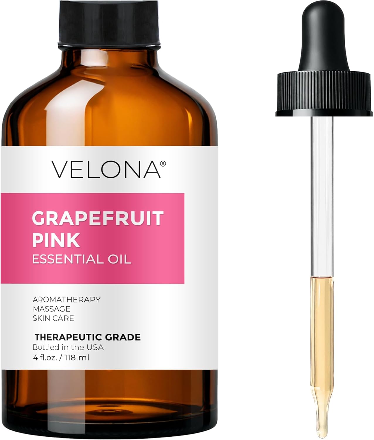 Grapefruit Pink Essential Oil by Velona - 4 Fl Oz | Therapeutic Grade | for Aromatherapy Diffuser, Massage, Skincare, Haircare, Soapmaking | Undiluted in Glass Bottle
