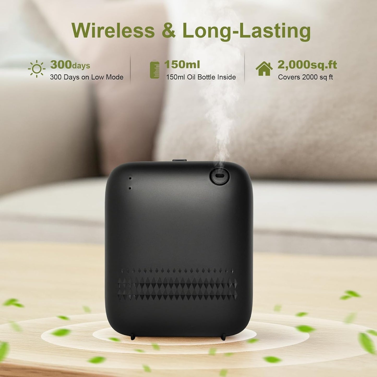Waterless Diffuser,2000 Sq Ft,USB Plug-in&Battery,Safety Lock,Quiet,Bluetooth App,Hotel Home Collection Scent Machine - Black
