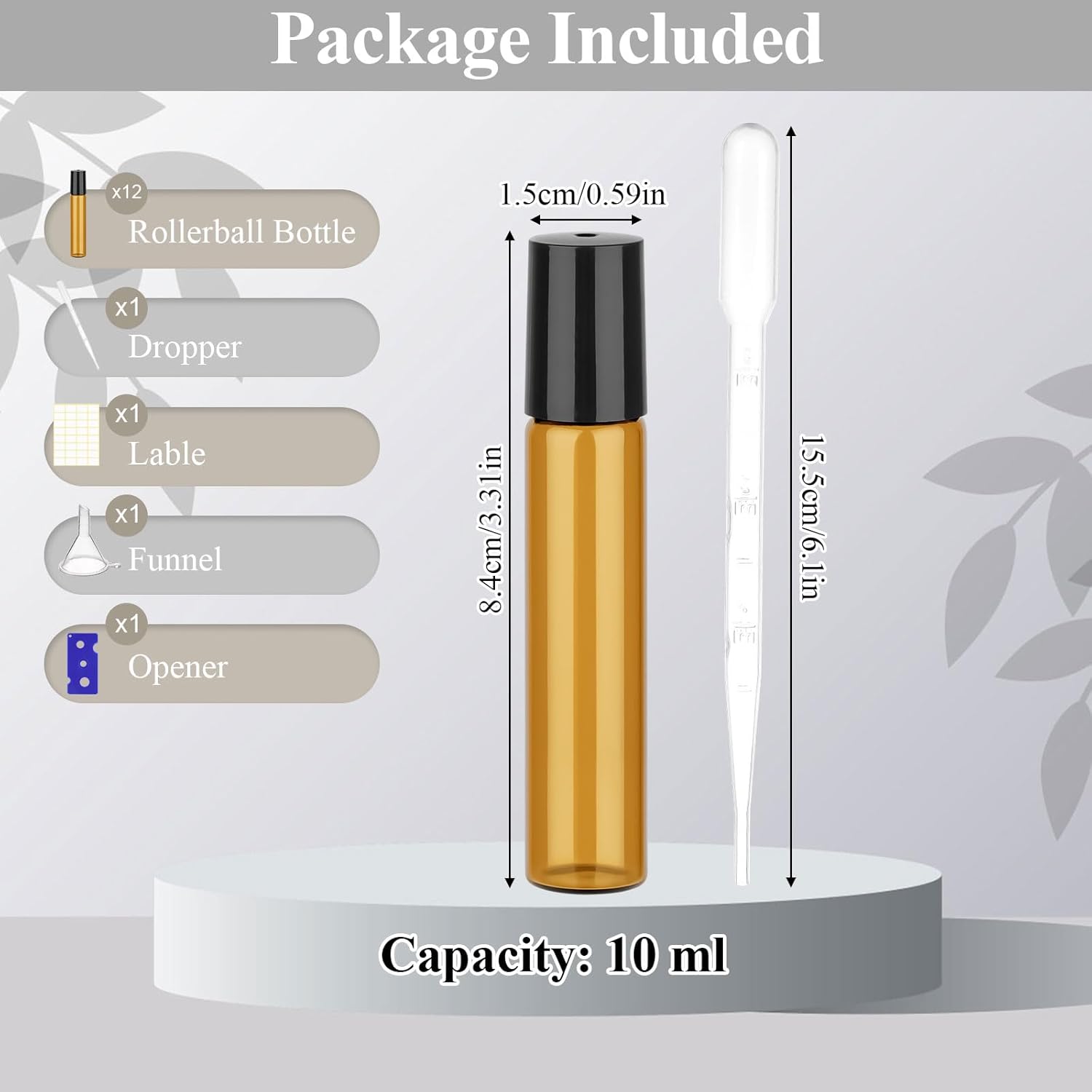 12 Pack Amber Roller Bottles for Essential Oils, 10ml Glass Roll On Bottles for Travel and Lip Gloss, Empty Perfume Roller Ball Applicator Bottle With Lid, Dropper, Funnel, Opener, Labels