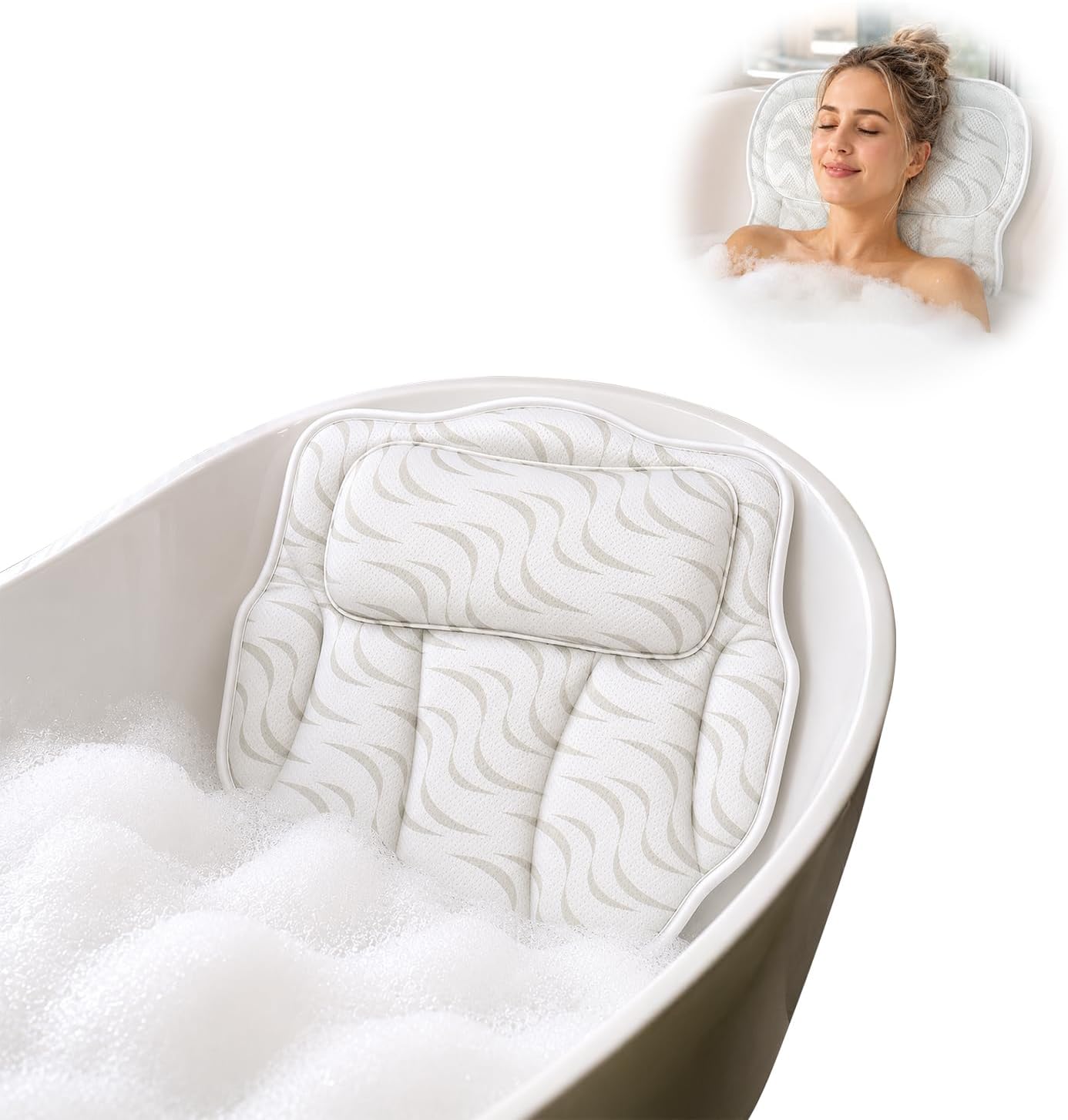 Wavy 4D Air Mesh Bath Pillow for Tub Neck and Back Support | Includes 6 anti-slip suction cups and a built-in hook for quick drying. Excellent ergonomic spa accessories gift for adults.
