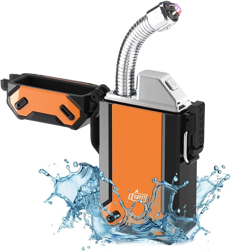 Dual Arc USB Rechargeable Electric Camp Lighter with Retractable Flexible Long Neck Waterproof Windproof Lighter for Outdoor, Grill and Candle (Orange)
