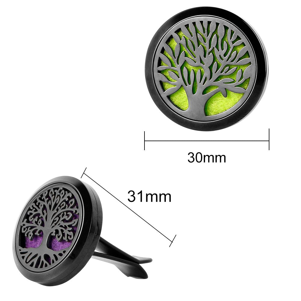 RoyAroma 2PCS Tree of Life Car Diffuser Aromatherapy Essential Oil Black Stainless Steel Locket with Vent Clip 12 Felt Pads