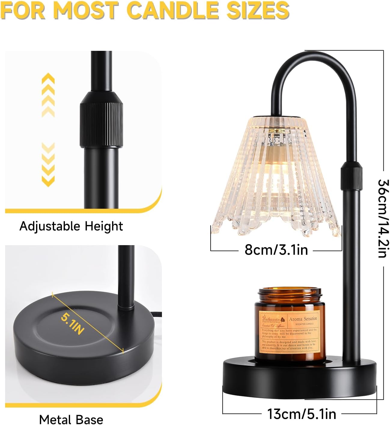 Candle Warmer Lamp, Black Metal, Crystal Glass Shade, Electric Candle Melter with Adjustable Gooseneck, Smoke-Free Safe Design for Home