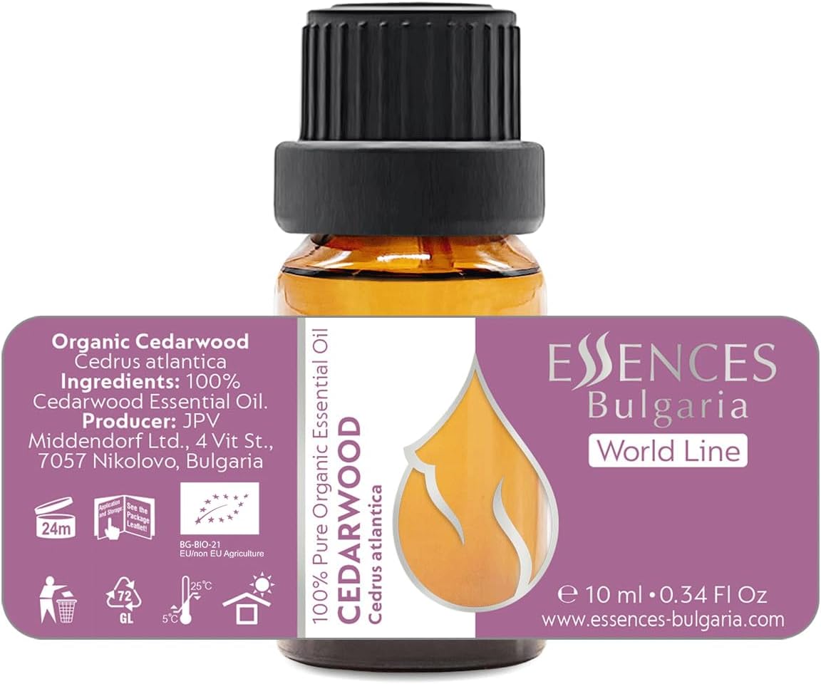 Essences Bulgaria Organic Cedarwood Essential Oil 0.34 Fl Oz 10ml Cedrus atlantica - 100% Pure Natural Undiluted Therapeutic Grade for Aromatherapy with Diffuser Humidifier DIY Men Cologne