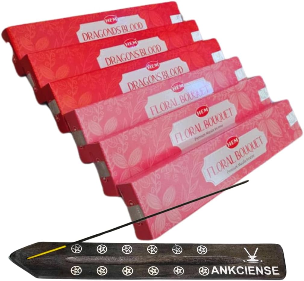 Hem Masala Incense Pack of 3 Each Fragrance, Bundled with ANKCIENSE Incense Holder (Champa & Myrhh) (Dragon Blood & Floral Bouquet)