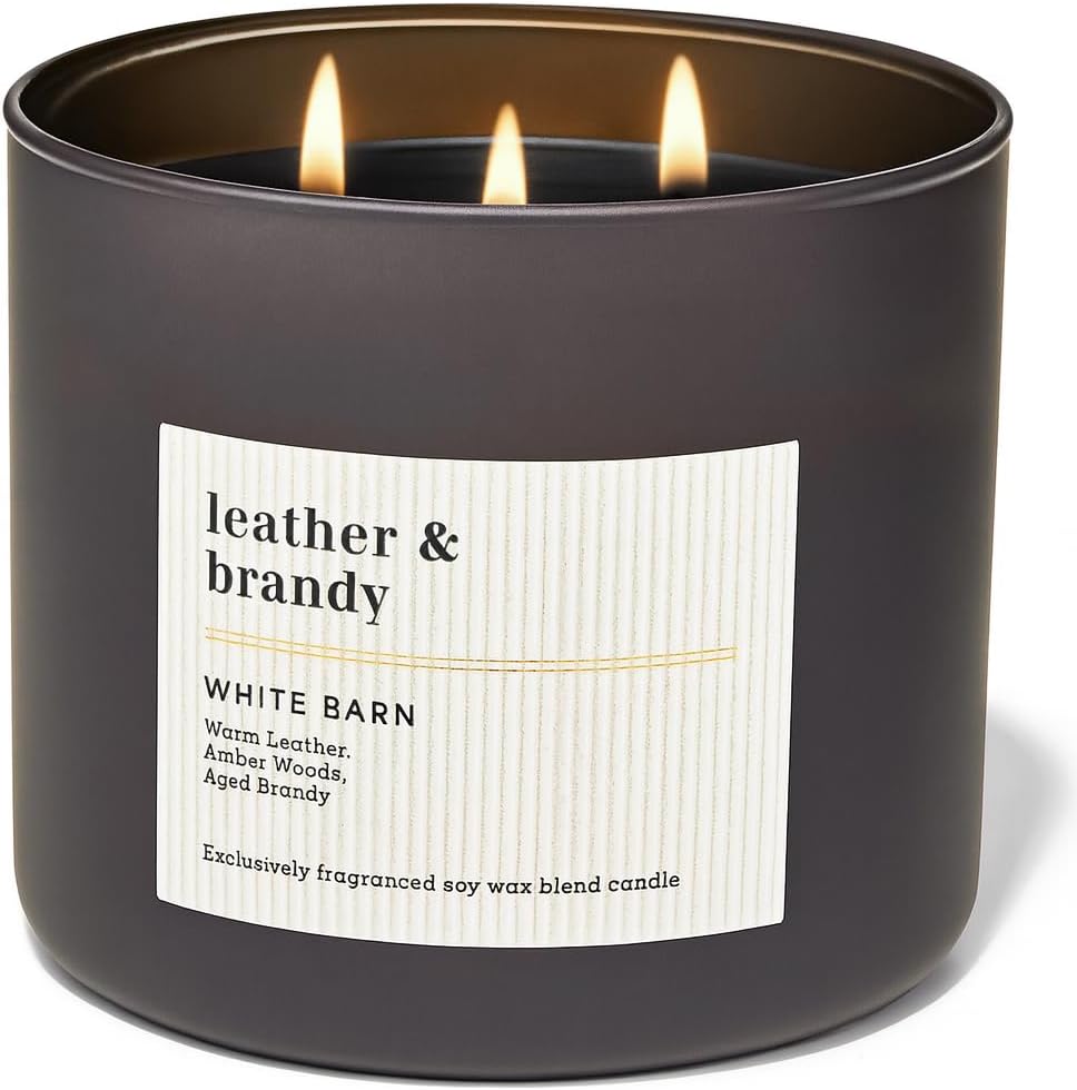 Bath & Body Works Leather & Brandy 3-Wick Candle, 14.5 oz Soy and Paraffin Wax Blend, Scented Jar Candle with Decorative Lid, Warm Leather Amber and Brandy Fragrance