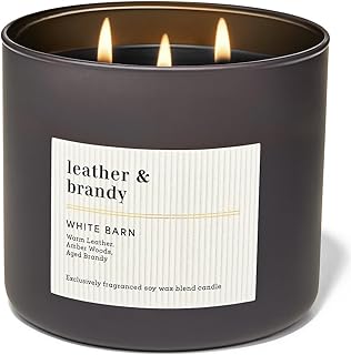 Bath & Body Works Leather & Brandy 3-Wick Candle, 14.5 oz Soy and Paraffin Wax Blend, Scented Jar Candle with Decorative Lid, Warm Leather Amber and Brandy Fragrance
