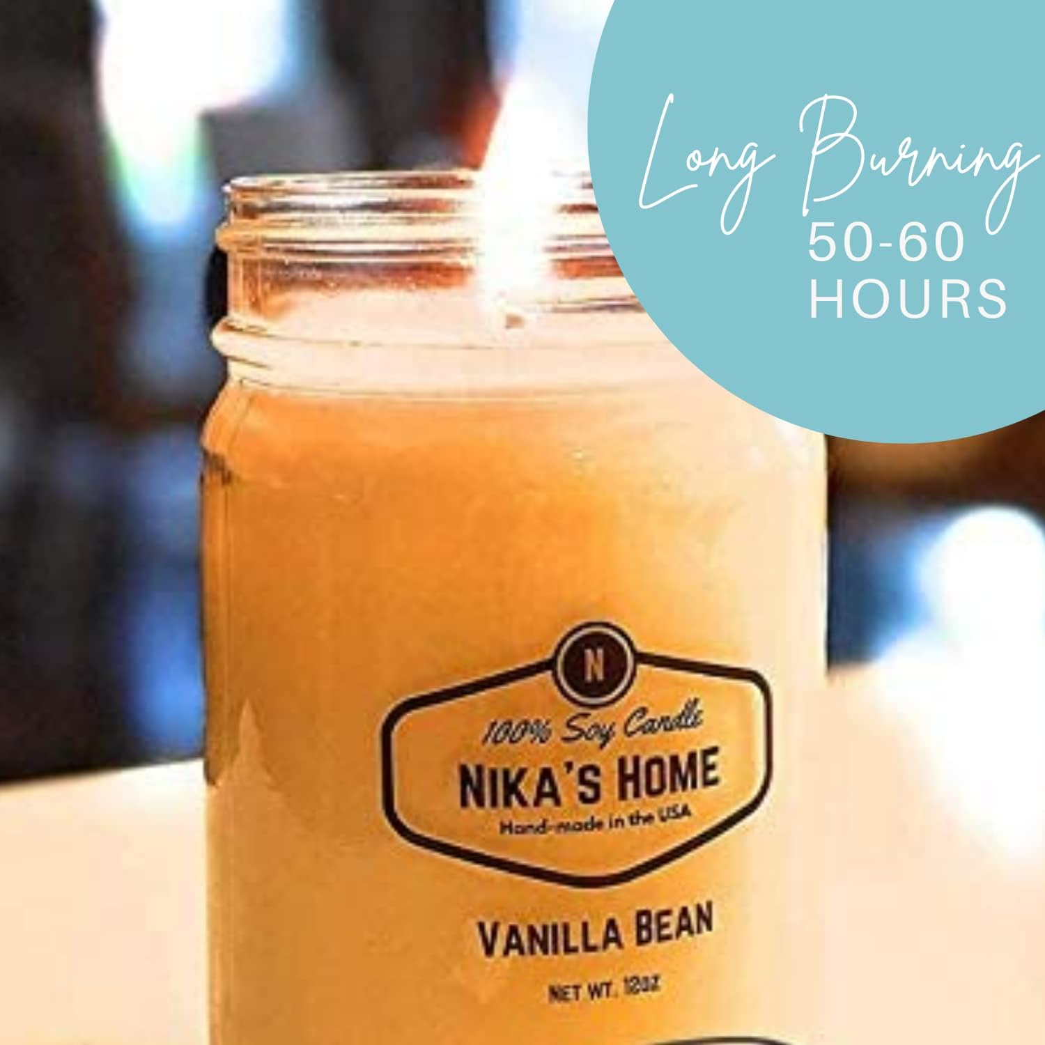 Vanilla Bean Soy Candle - 12oz Mason Jar - Non-Toxic - Hand Poured in The USA, Long Burning 50-60 Hours Highly Scented All Natural, Clean Burning
