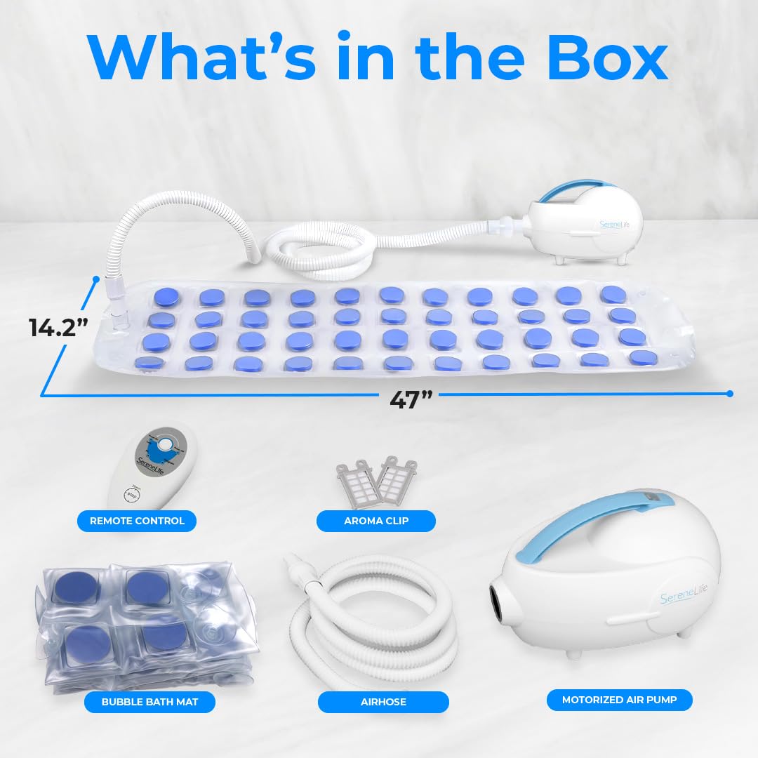 SereneLife Portable Spa Bubble Bath Massager - Waterproof Non-Slip Mat with Suction Cup Bottom, Motorized Air Pump and Adjustable Bubble Settings, Remote Control Included, 47" x 14"