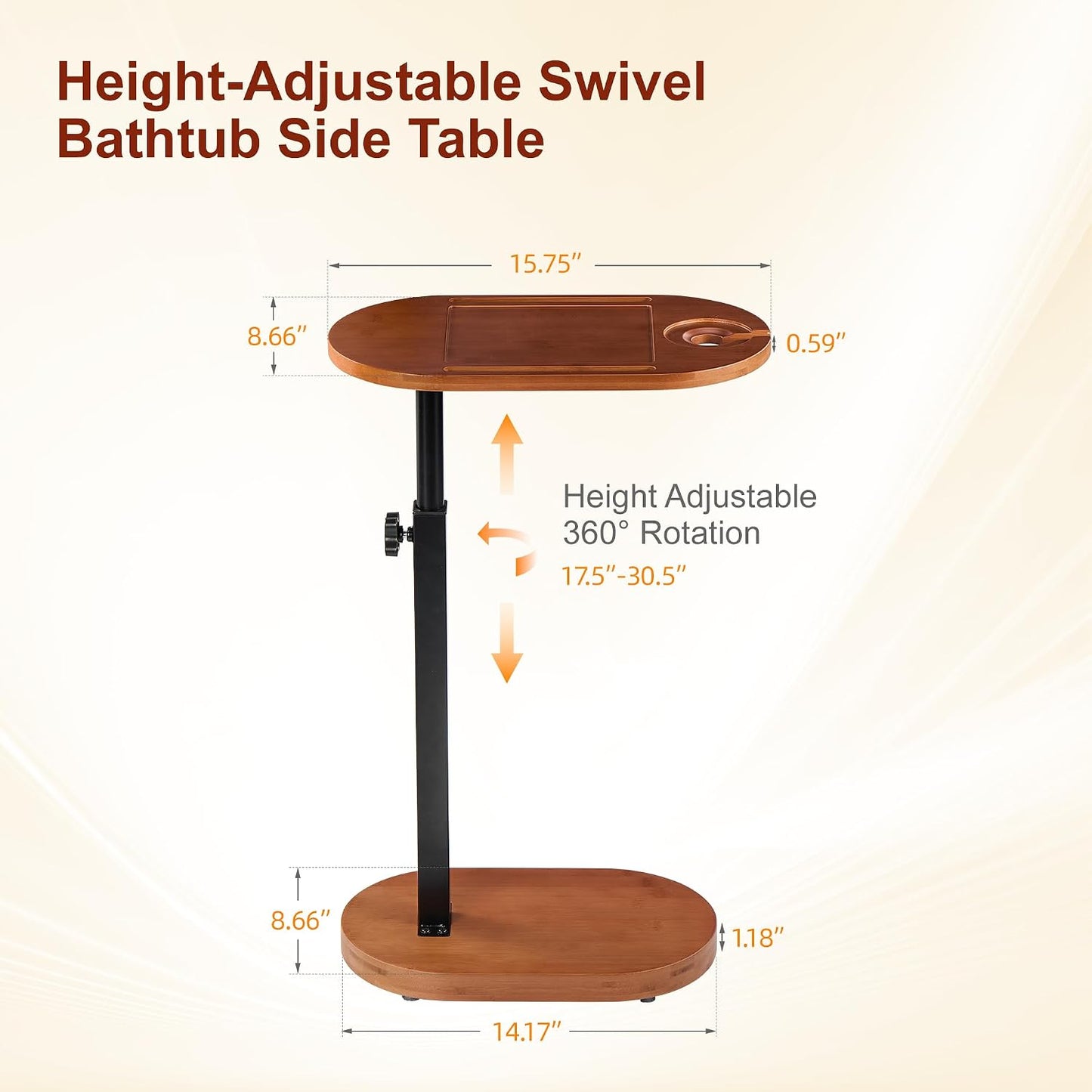 Bamboo Bathtub Side Table, 360° Swivel Height Adjustable Freestanding Bath Caddy Tray Organizer with 5 Storage, Luxury Home Spa Bathroom Essential (Walnut)
