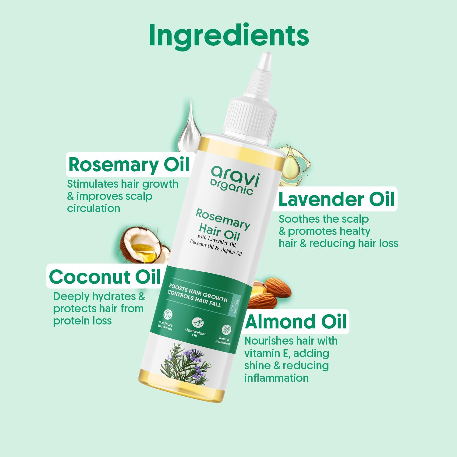 Aravi Organic Rosemary Lavender Hair Oil For Healthy Hair, Scalp, Hair Roots - 100% Pure & Natural - For Hair Growth & Hair Fall Control- 6.7 FL Oz / 200 ml