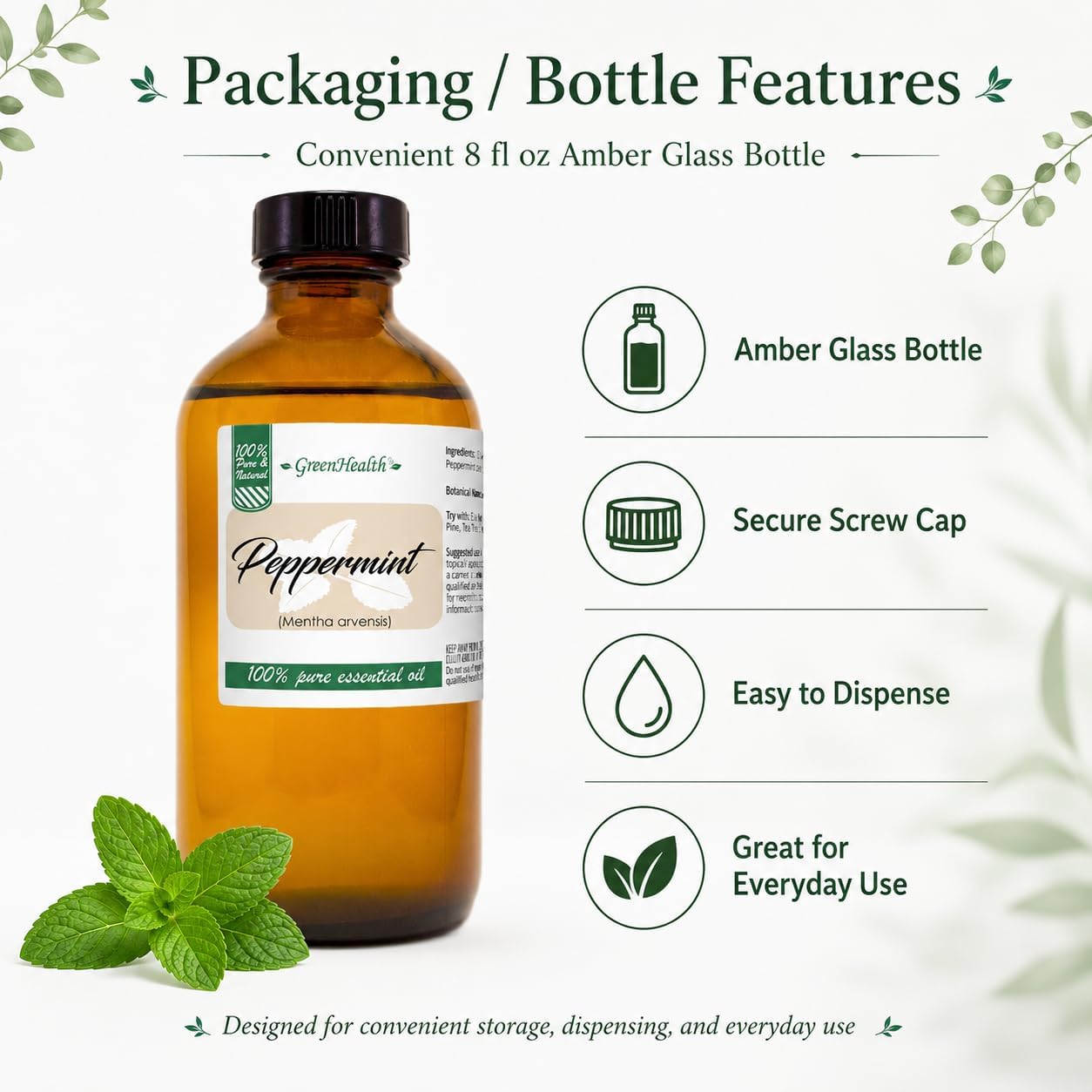 GreenHealth Japanese Peppermint Essential Oil – 8 fl oz – 100% Pure & Uncut – Strong Menthol Aroma – Steam-Distilled