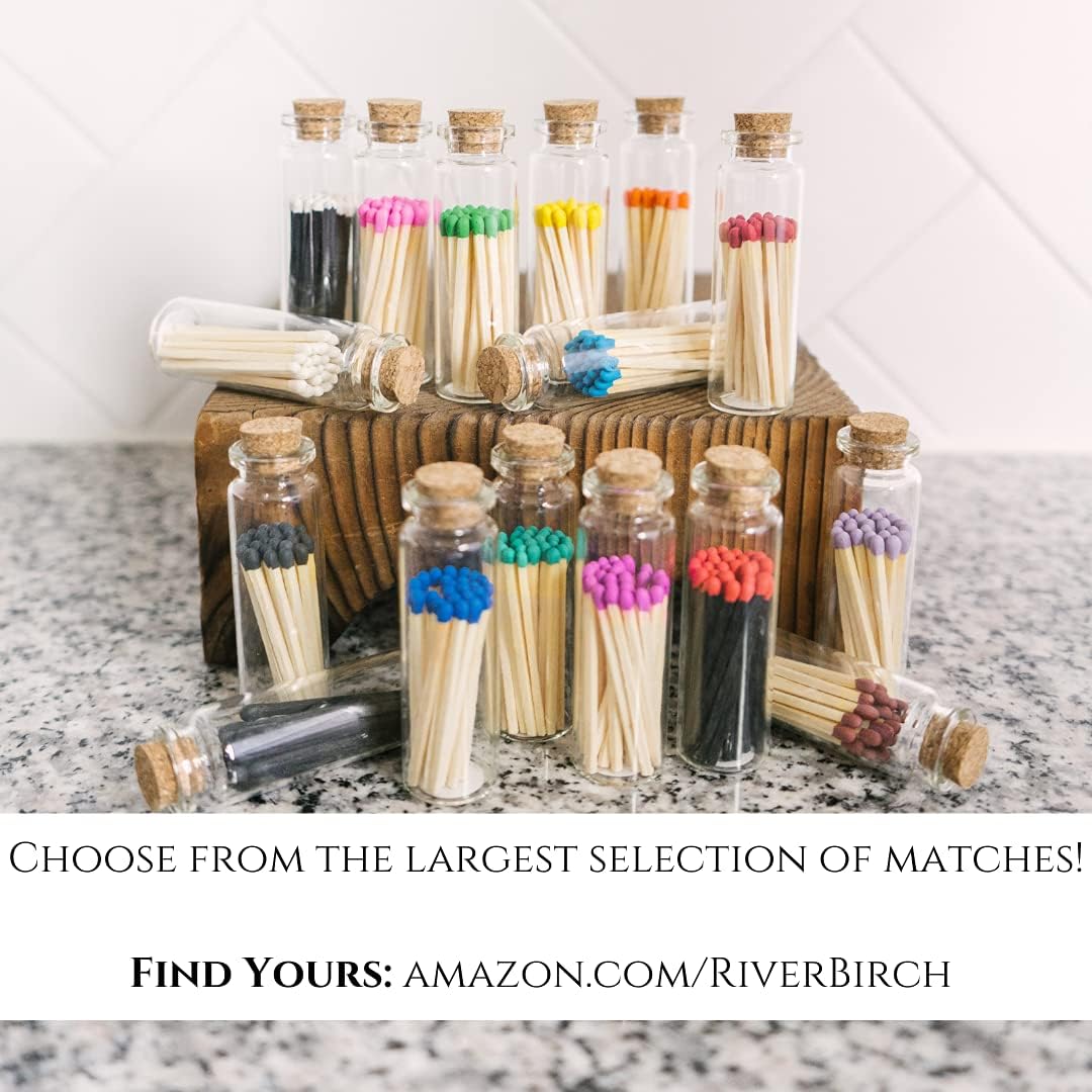 River Birch White Tip Matches in Jar with Striker - Decorative Home Matches with Glass Match Holder - Wooden Match Sticks for Candles - Set of 6 Bottles with Safety Matches - 2 Inches, 120 Matches