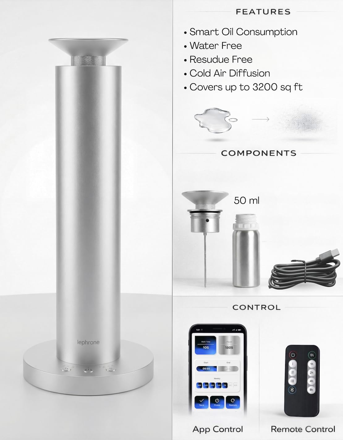 Waterless Essential Oil Diffuser with Smart App | Nebulizer, Aroma Diffuser, Fragrance, Scent Air Machine, 50 ml, Remote, Cold Air Diffuser, Aromatherapy for Home Scenting, Portable
