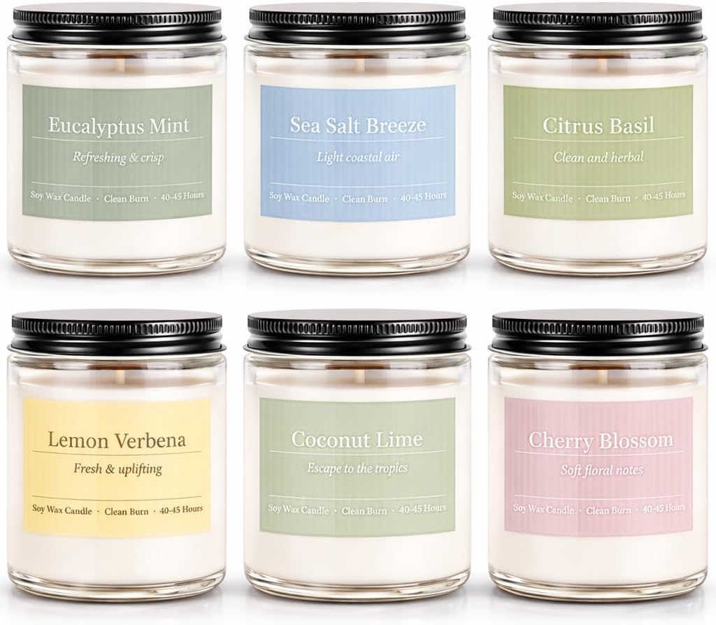 Scented Candles Gift Set,6 Pack Spring Summer Soy Wax Aromatherapy Candles,Lemon Verbena,Coconut Lime,Sea Salt Breeze, Citrus Basil, Eucalyptus Mint & Cherry Blossom
