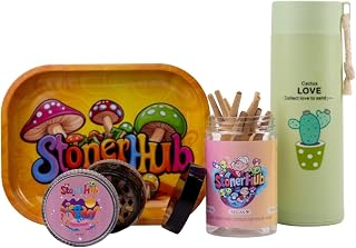 Bundle Set with 20x Raw and Natural Pre Rolled Rolling Paper Cones, Spice Grinder, Metal Storage Tray & Glass Water Bottle - Eco-Friendly Herbal Accessory and Gift Set