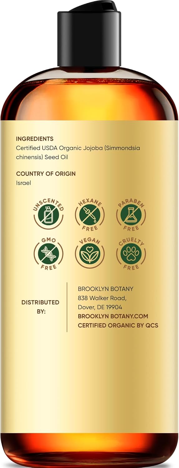 Brooklyn Botany Cold-Pressed Organic Jojoba Oil | for Skin, Hair and Face | 8 Fl Oz | 100% Pure and Natural | Carrier Oil for Essential Oils, Aromatherapy and Massage | Hexane Free