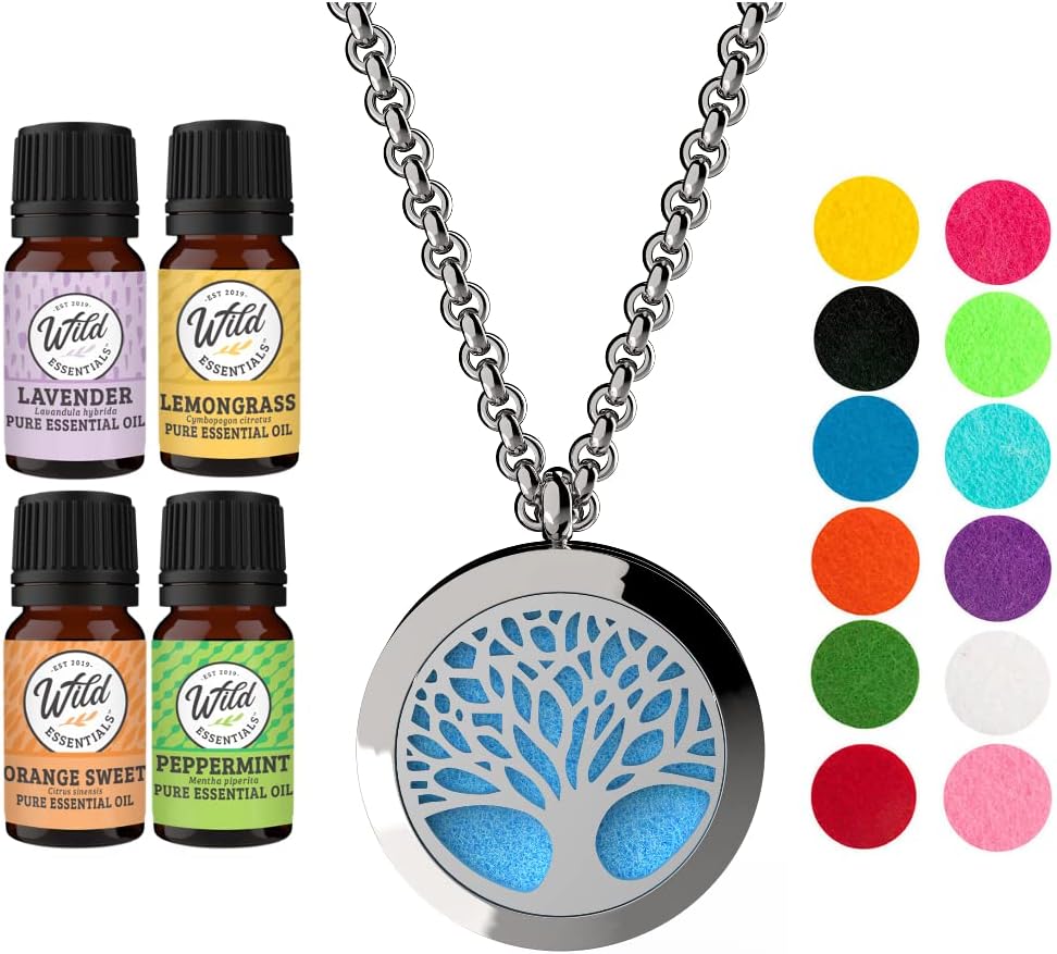 Wild Essentials Tree of Life Necklace Essential Oil Diffuser Kit With Lavender, Lemongrass, Peppermint, Orange Oils, 12 Refill Pads, Calming Aromatherapy Gift Set, Customizable Color Changing, Perfume