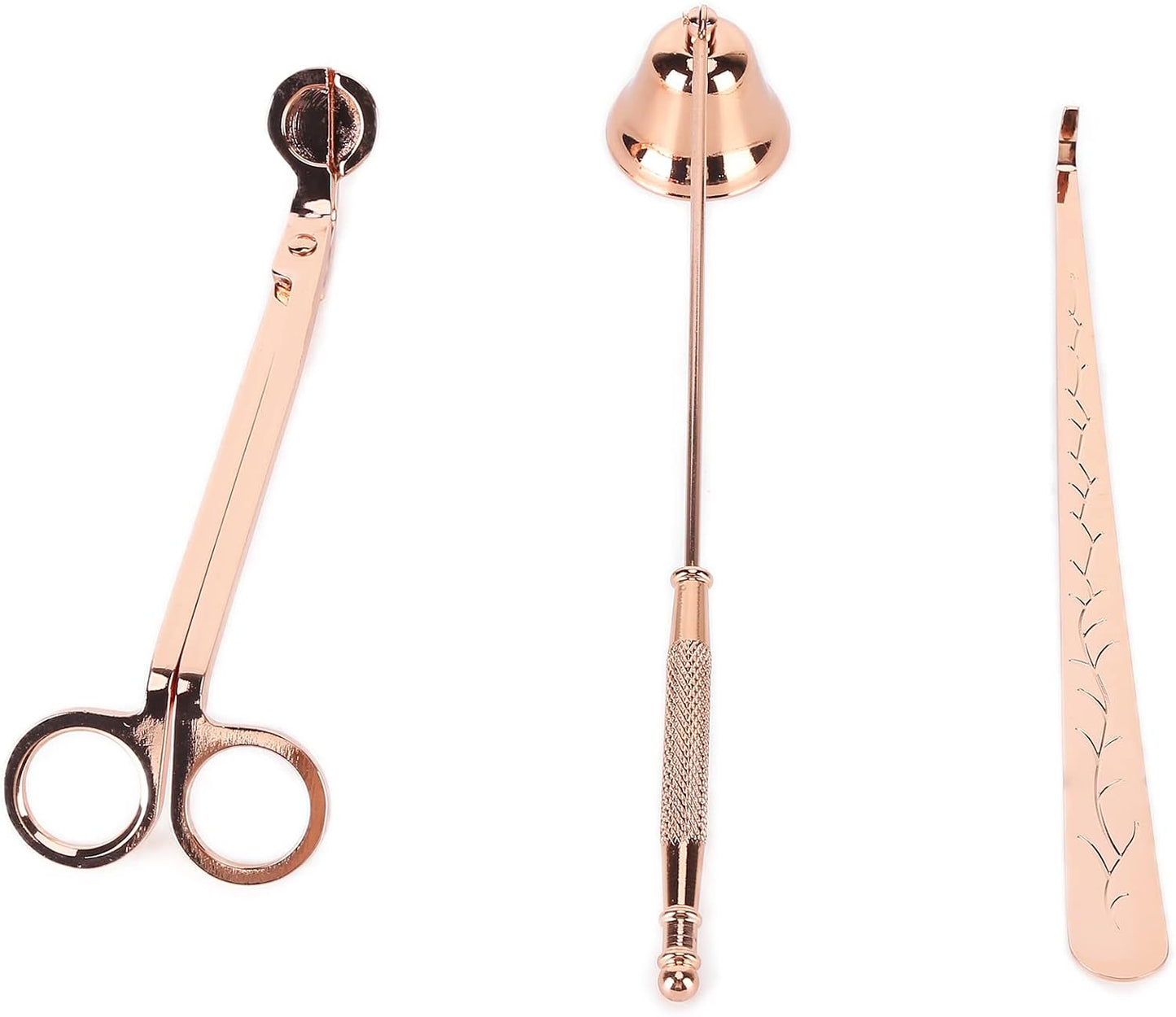 3PCS Candle Accessory Set, Stainless Steel Candle Wick Trimmer Snuffer Extinguisher Wick Dipper, with Elegant Carving Design, for Home Decoration and Candle Lovers (Pink Gold)