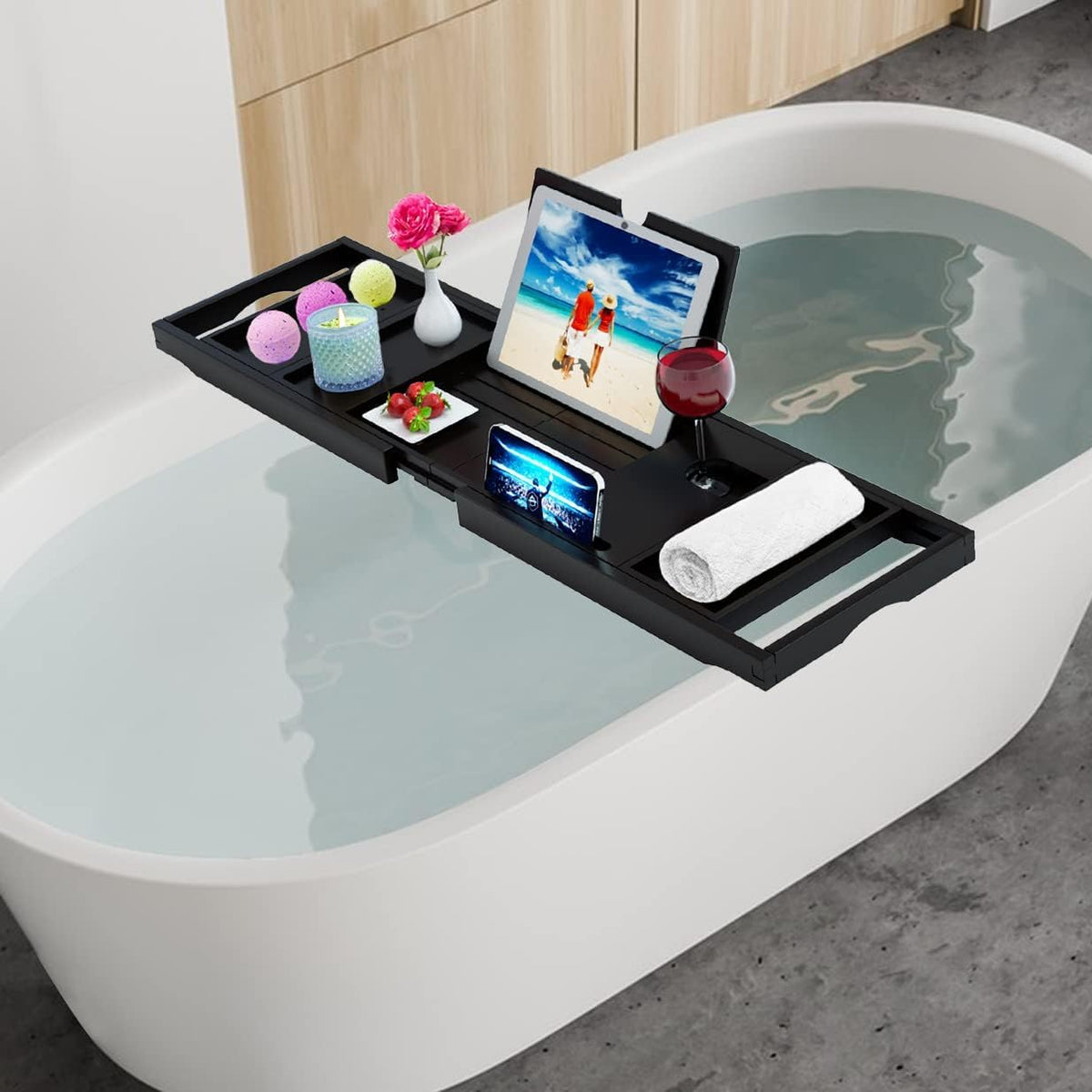 Premium Bathtub Tray Caddy - Expandable Bath Caddy Tray - Adjustable Bamboo Bath Caddy Tub Table - Unique House Warming Gifts New Home - Black