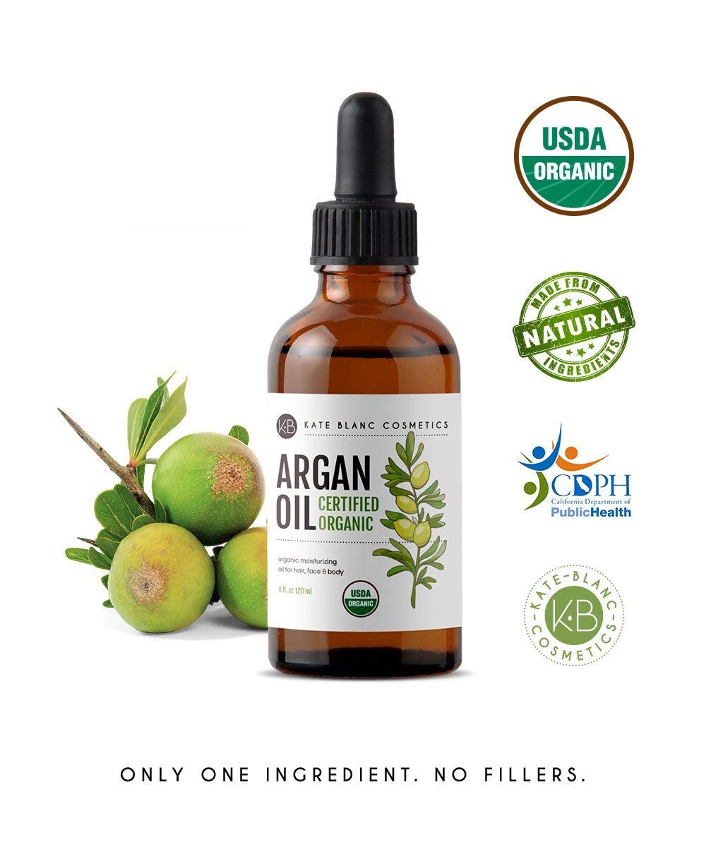 Kate Blanc Cosmetics Argan Oil for Hair, Face & Skin from Morocco (4oz, USDA Certified Organic, Cold Pressed & 100% Pure, Light)