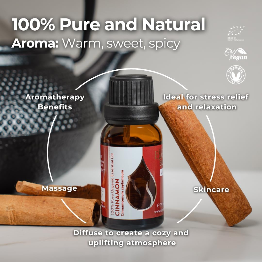 Essences Bulgaria Organic Ceylon Cinnamon Essential Oil 0.51 Fl Oz 15ml Cinnamomum Zeylanicum - 100% Pure and Natural Undiluted Therapeutic Grade Aromatherapy for Diffusers Home Humidifier