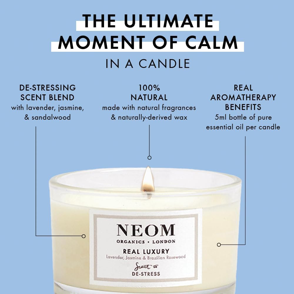 NEOM - Candle, Travel Size | Lavender, Jasmine & Rosewood | Scented Candles for On-The-Go | Luxury Aromatherapy Candles | Essential Oil Candle | Tranquil & Relax | Signature De-Stress Scent