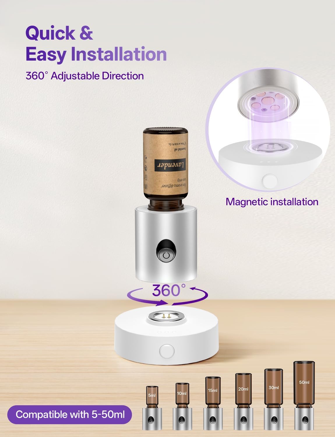 Mini Waterless Nebulizing Essential Oil Diffuser with 10ml Lavender Oil for Aromatherapy, Small Portable with Air Mist and Scent for Home, Room, Hotel, Desk, Office, Travel - Silver
